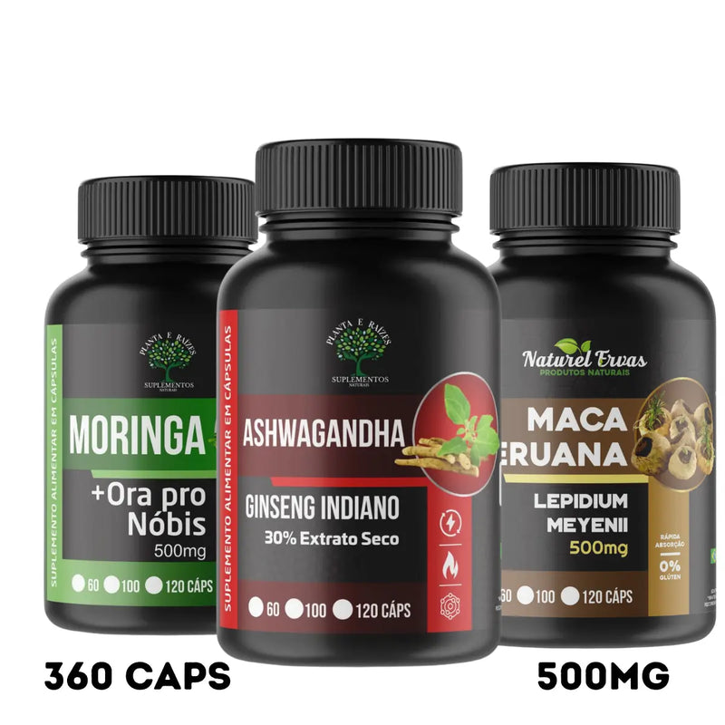 Kit 3 Suplementos Naturais - Ginseng Indiano 360 Cápsulas 500mg cada