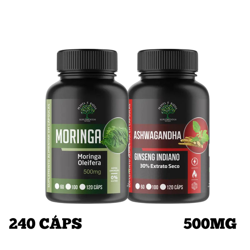 Kit Moringa + Ashwagandha Natural - 240 Cápsulas 500mg - Suplemento Natural