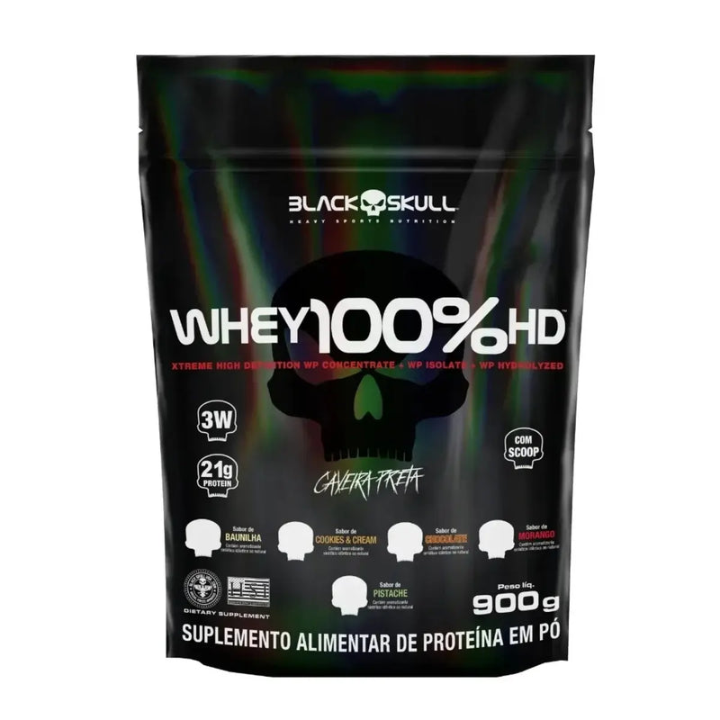 Whey Protein 100% HD Refil 900g Blackskull - 3 Tipos de Proteína WPC WPI WPH