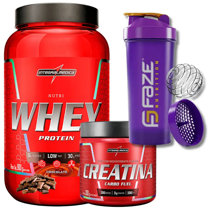 Kit Nutri Whey 900g + Creatina CarboFuel 300g + Coqueteleira Integralmedica