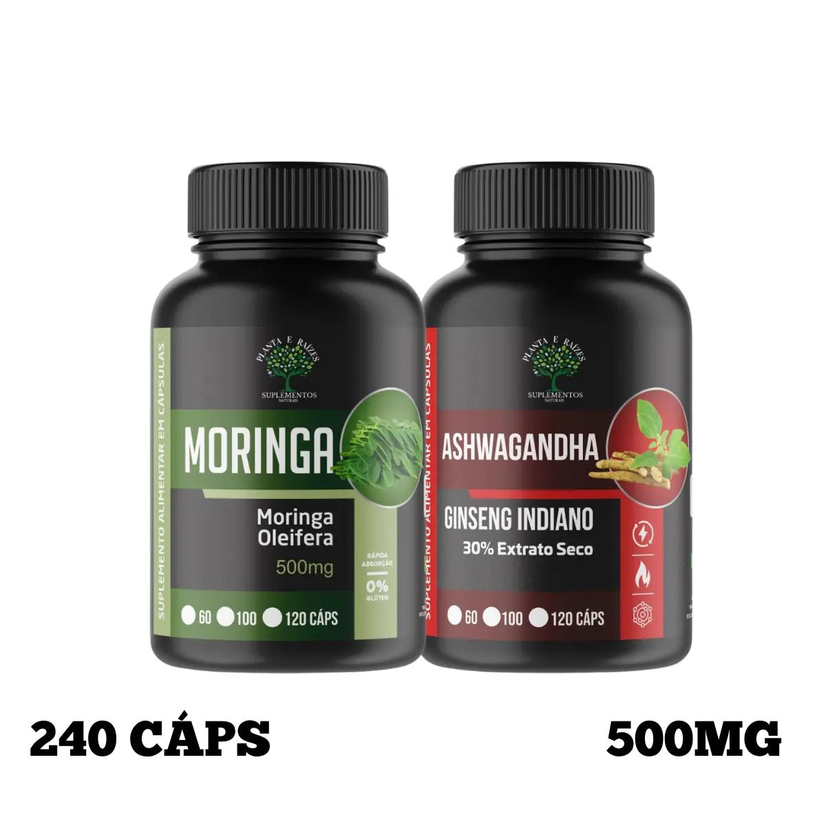 Kit Moringa + Ashwagandha Natural - 240 Cápsulas 500mg - Suplemento Natural