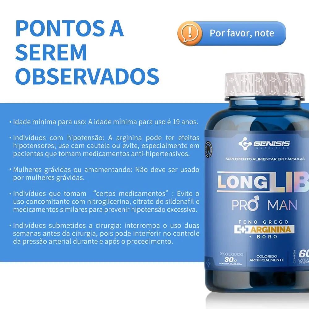 LONGLIB PRO MAN - 60 Cápsulas com L-Arginina, Boro e Feno-Grego para Circulação e Energia Masculina - Imagem 4