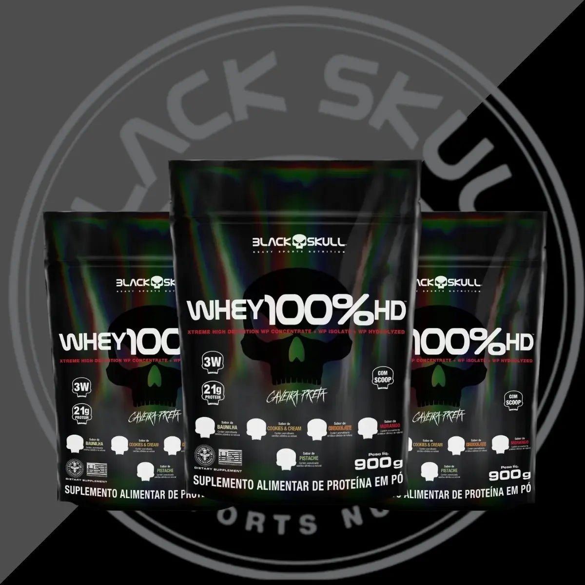 Whey Protein 100% HD Refil 900g Blackskull - 3 Tipos de Proteína WPC WPI WPH - Imagem 2